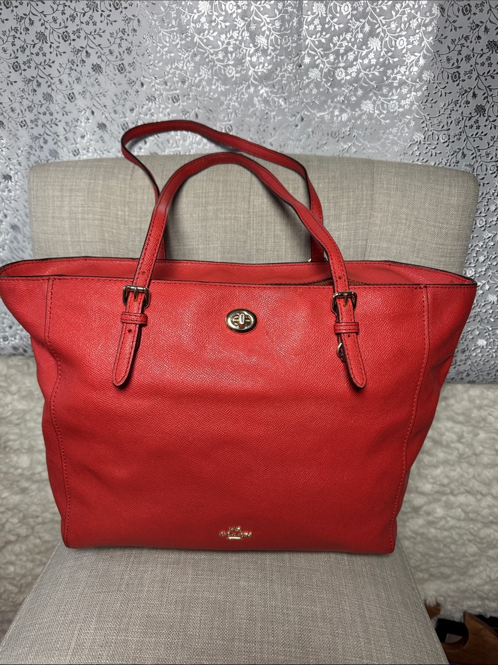 Coach Red Leather Turnlock Tote with Gold Hardware